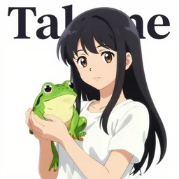 anime key visual of a woman holding a frog ; official media ; typography ; takane no hana san ; drawn by shigenori soejima ; high detail ; persona 5 ; warm color