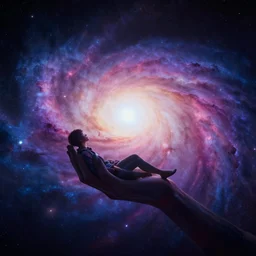 a giant holding a small human, concept art, unreal engine 5, galaxy, deep colours