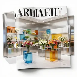 flower retail store, minimal, stainless steel and color glass, frame magazine, archidaily, futuristic interior, contemporary art and sculpture for flower, trending on artstation, octane rendering