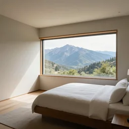 a interior design of a home by frank lloyd wright, bedroom, window with view of mountains, craig mullins