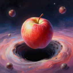 apple fruit floating in space falls into black hole becoming warped and stretched around the event horizon, vibrant digital painting