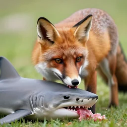 a fox eating a shark, high quality, realistic