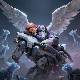 D.Va from Overwatch taking a nap on top of her Meka, distorted biometric parametric animals in a void, highly realistic, photography ultrafine detail, chiaroscuro, private press, associated press photo, angelic photograph, masterpiece