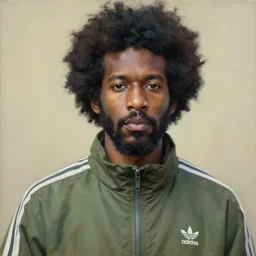 painting by dave mckean black man with afro hair and raspy beard stubble, wearing an army green adidas jacket by dave mckean