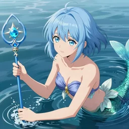 girl with short light blue hair, light blue eyes, in a mermaid costume, in the hands of a blue wand, water, on the sea, anime style, hyper detailed, illustration, digital painting, art by artgerm and greg rutkowski and alphonse mucha, high delicate defined details, anime stylized, highly detailed, realistic, sharp focus, artstation, 4 k