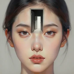 painting of a beautiful woman's face with a doorway to another world in her forehead, digital art
