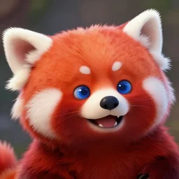 league of legends concept art cute smiling red panda with blue eyes, grinning, art by charles liu, head close - up shot, fantasy style, soft lighting, vibrant color scheme, perfect angle, head frontview shot, ultra detailed, hyperrealism, empty background, volumetric lighting, octane render, commission art, 8 k wallpaper