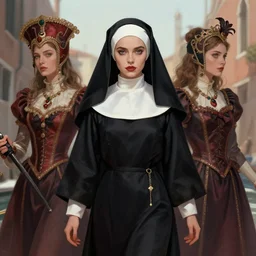 beautiful female character inspired by venice carnival ellen ripley and nun | | digital artwork made by greg rutswork, anna dittmann and lois van barlee, symmetrical, anatomically correct