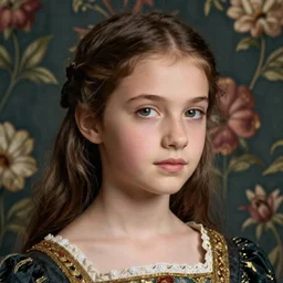close - up portrait of beautiful young girl in renaissance dress, background with flowered wallpaper, art by sally mann