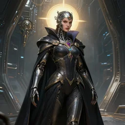 detailed portrait of a cyborg, necromancer, benevolent, scifi, futuristic, elegant cape, inside a space ship, destiny 2 style, trending on artstation, soft light, holy machine, advanced technology, art by vitaly bulgarov and nivanh chanthara
