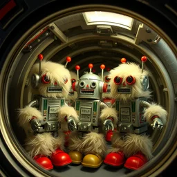 some tin - toy robots are covered with fuzzy fur, inside a spaceship.