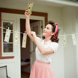 a photograph of a 1 9 5 0 s house wife hanging dollar bills on a clothesline