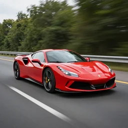 red sports car is speeding in a highway photograph