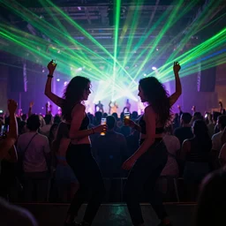 two friends dancing at a concert with drinks and lasers, croud in the back