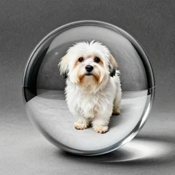 full body portrait of one havanese dog reflected in a chrome sphere, ultra wide 1 0 mm, by m c escher pen and paper