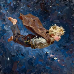blonde boy wearing a brown cape and flying in t pose, space background, oil painting, brush strokes, greg rutkowski