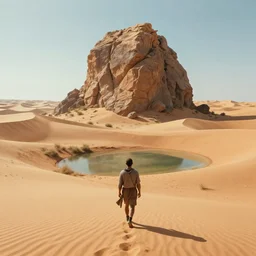 rock elemental walking through sand dunes walking towards an oasis, award winning concept art, trending on art station, art by ricardo ow, 4 k, 8 k