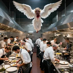 detailed wide angle photo of many people working hard in a michelin star restaurant kitchen while an angel rains terror on them from above