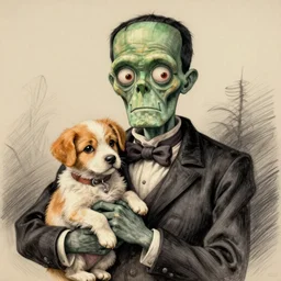 Louis Icart, an old elaborate colored drawing frankenstein holding a cute puppy, by Louis Icart, highly detailed, masterpiece