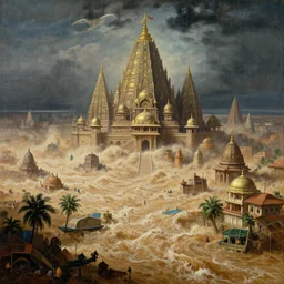 Gigantic flood in the colossal giga city of Ajodhya, capital of Hindu Rashtra on a monsoon night , by Canaletto, by Wes Anderson, by Greg Rutkowski, by oil on canvas, masterpiece, detailed, dynamic, cinematic composition, beautiful lighting, view from ground, trending on artstation, top on pixiv, 8K, award winning, no frames,
