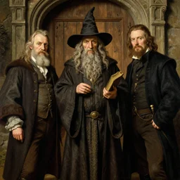 Solomon Joseph Solomon and Richard Schmid and Jeremy Lipking victorian genre painting portrait painting of a old rugged actor wizard wearing a wizard hat and robe from the hobbit holding a book and standing in front of an ancient wooden door