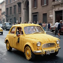 a group of people on the streets of rome riding in a car made of spaghetti, canon 5 0 mm, cinematic lighting, photography, retro, film, kodachrome