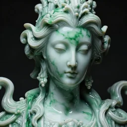 a dark baroque close - up portrait of an ornate green and white porcelain being made out of white sci - fi vitrified translucent ceramic marble ; china. reflective detailed textures. gloomy black background. highly detailed fantasy science fiction painting by moebius, norman rockwell, frank frazetta, and syd mead. rich colors, high contrast. artstation