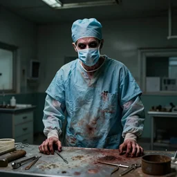 an insane doctor in an abandoned surgery theatre, surgical scrubs, dirty, old blood stains, rusted surgery tools, creepy twisted man in a surgical gown and mask, ominous vibe, creepypasta, abandoned places, high resolution photograph