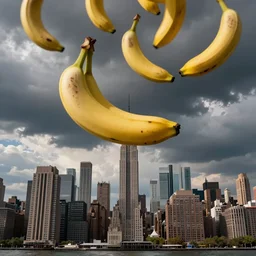 Bananas falling from the sky over new york city, colourised, photograph