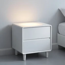 white zen clean modern minimalist bedside table, softly lit, cool, clean, bright, spiritual vibes