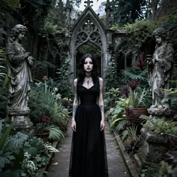 goth garden gorgeous dark plants pretty many varieties of plants. gothic statues and stone work. beautiful goth woman with tattoos and piercings.