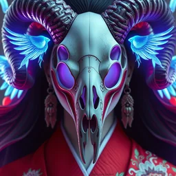 3 d goddess close - up, symmetry!! portrait with ram skull. beautiful intricately detailed japanese crow kitsune mask and clasical japanese kimono. betta fish, jellyfish phoenix, bio luminescent, plasma, ice, water, wind, creature, artwork by tooth wu and wlop and beeple and greg rutkowski