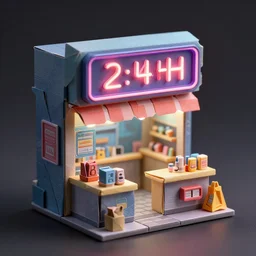 origami mini cyberpunk convenience store has a neon sign of 2 4 hours, fantasy, intricate, elegant, highly detailed, digital painting, artstation, concept art, smooth, sharp focus illustration, created by jan urschel and sylvain sarrailh ， 4 5 ° 3 d viewing angle