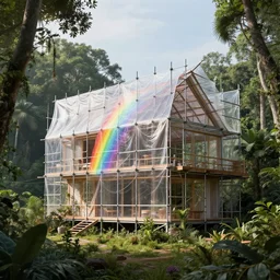 a house made from scaffolding and transparent canvas sheets, in a jungle, rainbow light, tom kundig architectural style, ultra realistic details, unreal engine 5, cinematic, photo realistic