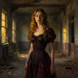 beautiful lady in abandoned asylum, mysterious atmospheric lighting, painted, intricate, volumetric lighting, beautiful, rich deep colours masterpiece, golden hour, sharp focus, ultra detailed, by leesha hannigan, ross tran, thierry doizon, kai carpenter, ignacio fernandez rios