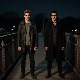 two young men, one man human, one man vampire, night, on a birdge, in the style of onc piece