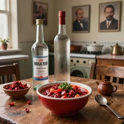 closeup borsch and bottle vodka in old table in old ussr kitchen with picture lenin in walls, by nicoletta ceccoli, mark ryden, lostfish, max fleischer, depth of field, detailed and intricate environment, 8 k resolution, hyperrealistic, octane render, no human