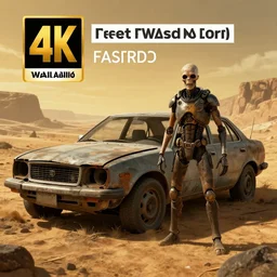 picture of a broken down car in wasteland fallout i style with a mutant standing in front of in. artstation trending 4 k award winnind