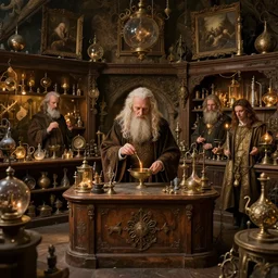 Beautiful hyperrealistic detailed award winning photography of an alchemist in its alchemy shop filled with magical artifacts that looks like it's from lord of the rings and bazaar by greg rutkowski, andreas rocha and john howe, and Martin Johnson Heade,featured on artstation, ultrawide angle,f16 , golden ratio, f32, well composed, cohesive