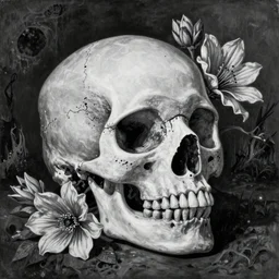 a black and white photo of a skull and flowers, an ultrafine detailed painting by Sigmar Polke, deviantart, generative art, biomorphic, hellish background, cyanotype