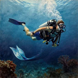 old drawing of a scuba diver swimming with a beautiful mermaid underwater, under water scenery, dramatic lighting, intense, epic, drawing