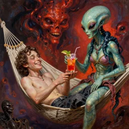 a picture of a smiling subgenius in a hammock served a drink by beautiful alien mutant woman, a detailed matte painting by mort kunstler, pixiv, kitsch movement, hellish background, movie poster, official art