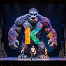 photo of a huge theaterstage, theaterplay is king kong, 3 actors on stage, 8 k, multicolored, exaggerated detailed, long shot
