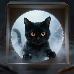 schrodinger's black cat plans its revenge, angry, inside its box, looking at us from a porthole, waporware, raytracing, dreamy, sharp focus, cinematic lighting, highly detailed, artstation, divine, by huifeng huang