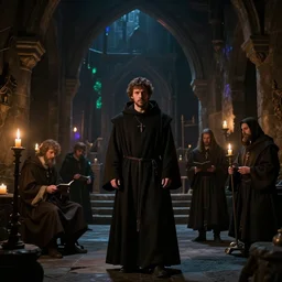jesse eisenberg as an enigmatic medieval christian ( ( monk ) ) in a dark underground city. dark shadows, colorful, candle light, law contrasts, ( ( low key light ) ) ) fantasy concept art by jakub rozalski, jan matejko, and j. dickenson