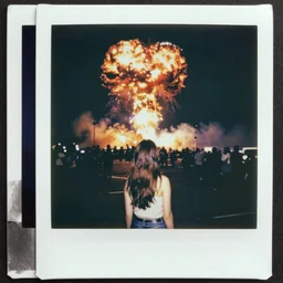 an aged polaroid photo of a young woman seen from behind, a nuclear bomb explosion in the horizon, high contrast, film grain, color bleed
