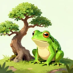 a frog next to a bonsai tree, digital art, illustration, trending on artstation, well detailed