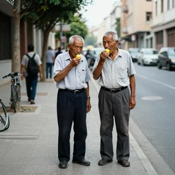 “old men licking a lemon standing in middle of the street”