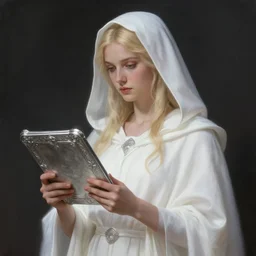 the goddess of memory holding silver tablets, white hood, white robes, blonde, fantasy, magical, realistic and detailed, spiritual, supernatural, intricate, elegant, highly detailed, digital painting, trending on artstation, by wlop, 4 k octane render