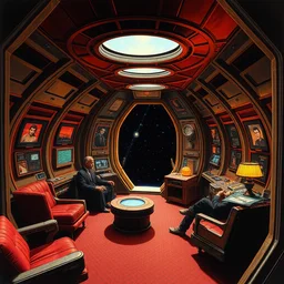cozy spaceship interior area. interact. ralph mcquarrie scenes. art by, keith parkinson, walter simonson, gerald brom, keith parkinson. r / retrobattlestations